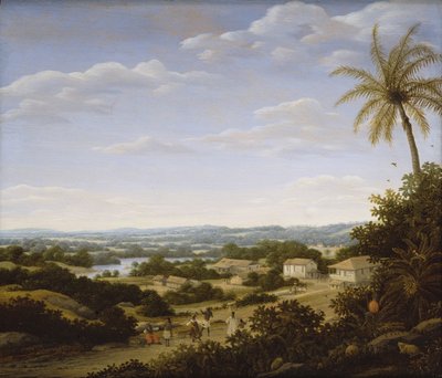 Braziliaans landschap met inboorlingen op een weg naar een dorp, 1665 door Frans Post